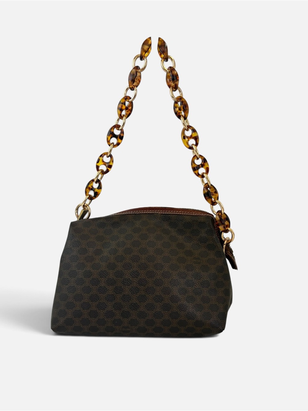 Celine Brown Logo-Print Shoulder Bag with Tortoiseshell Chain - Picture 2 of 11
